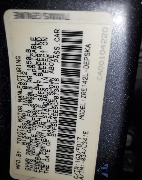 2012 Toyota Corolla Base from USA, damaged, VIN 5YFBU4EE6CP073618